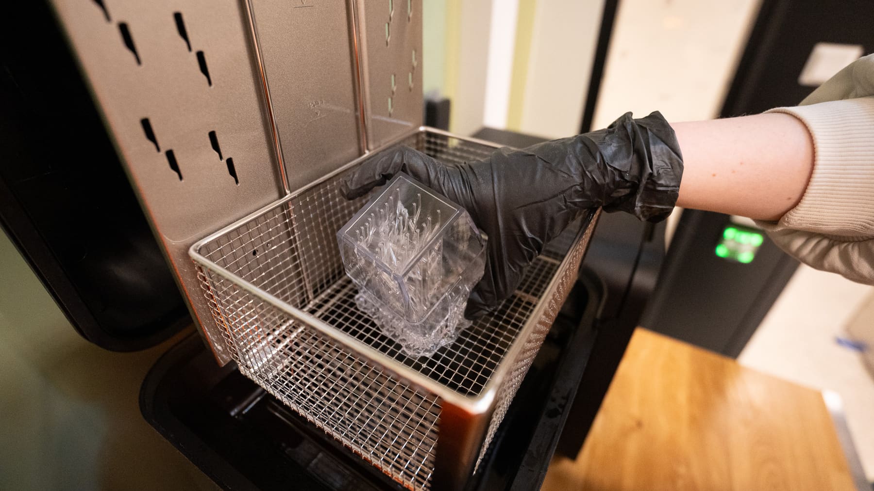 Parts go in the Form Wash basket. Gloves on.